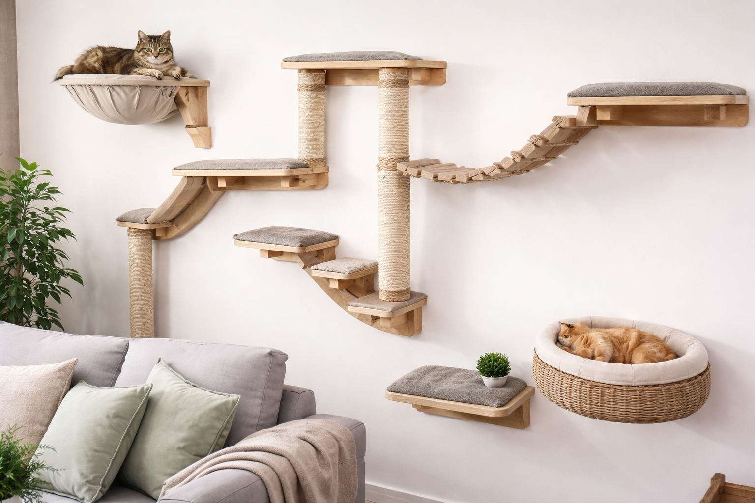Gezellige woonkamer met klimwand voor katten - wandplanken en sisalpalen aan de muur bij Bopets
