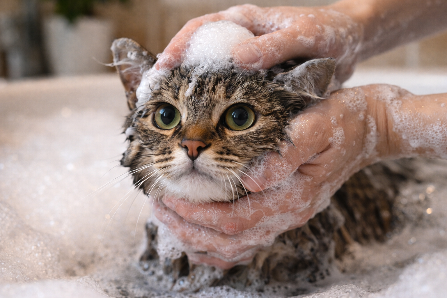 Kat wordt gewassen met kattenshampoo, zachte vachtverzorging bij Bopets