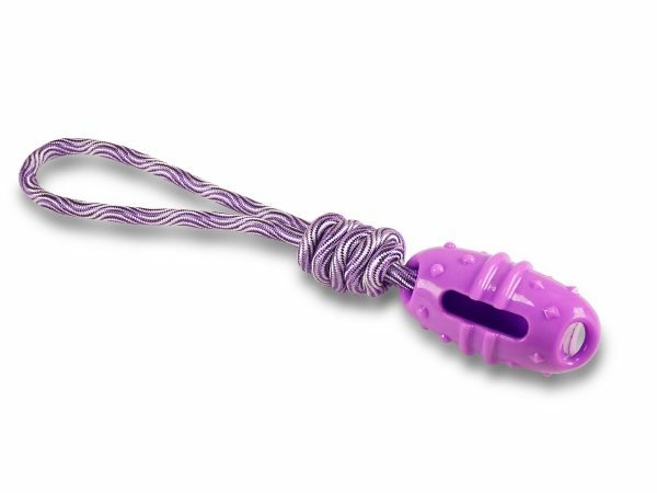 Speelgoed hond TPR tube paars met touw 18cm