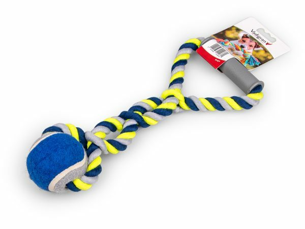 Katoenen koord+plastiek handvat+bal blauw-geel190g