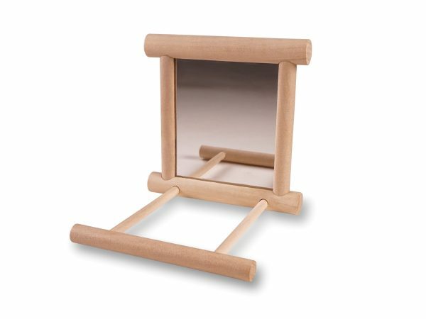 Speelgoed vogel hout spiegel met zitstok 10x10cm