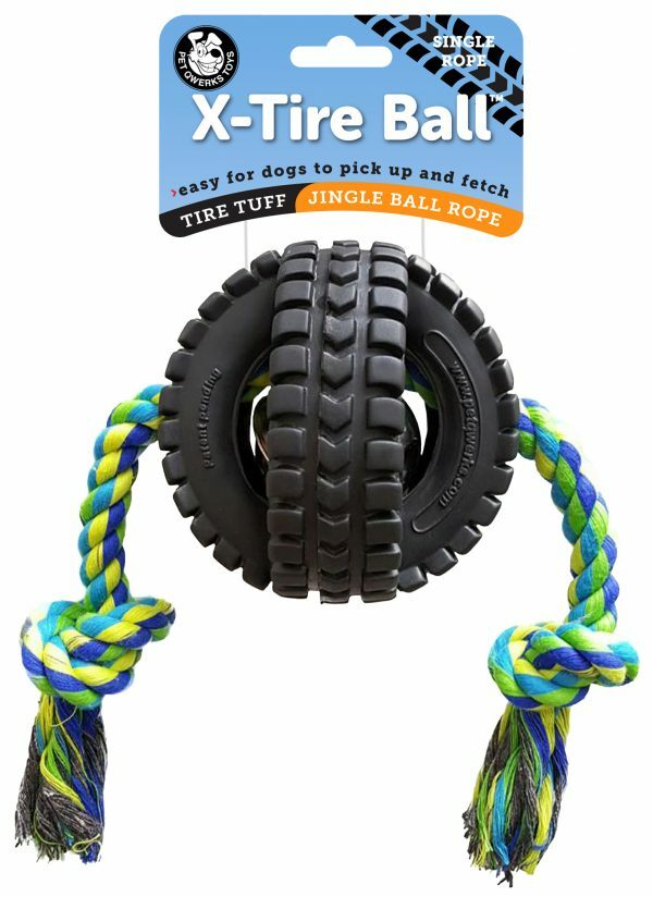 Pet Qwerks Jingle X-Tire Ball w/single rope Small ø 8 cm
